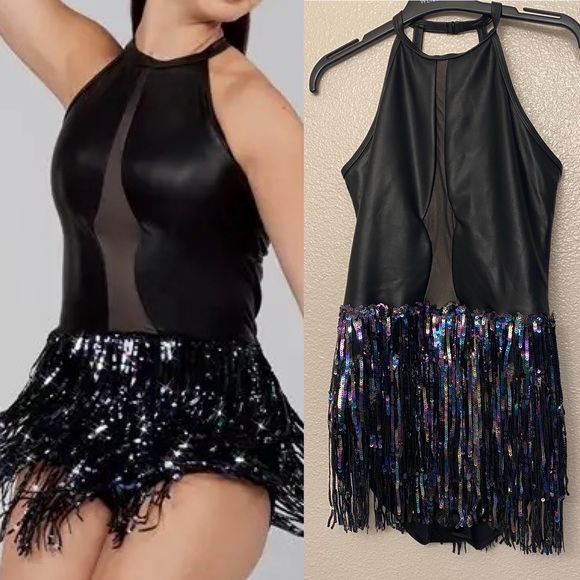 Weissman Elite dance costume Black faux leather mature Let Them Know 15878 SA - Picture 1 of 12